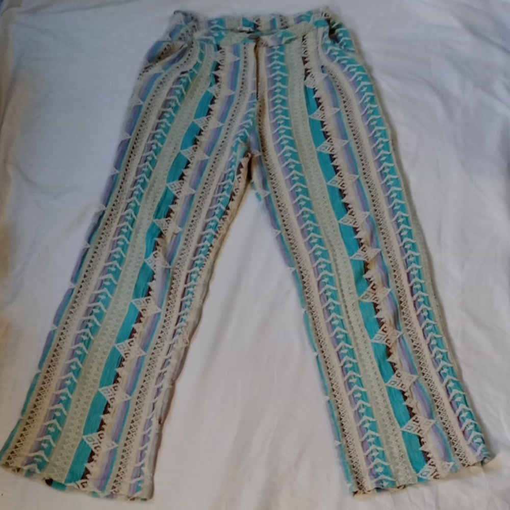 En Creme Teal and Beige Patterned Wide Leg Pants, Small